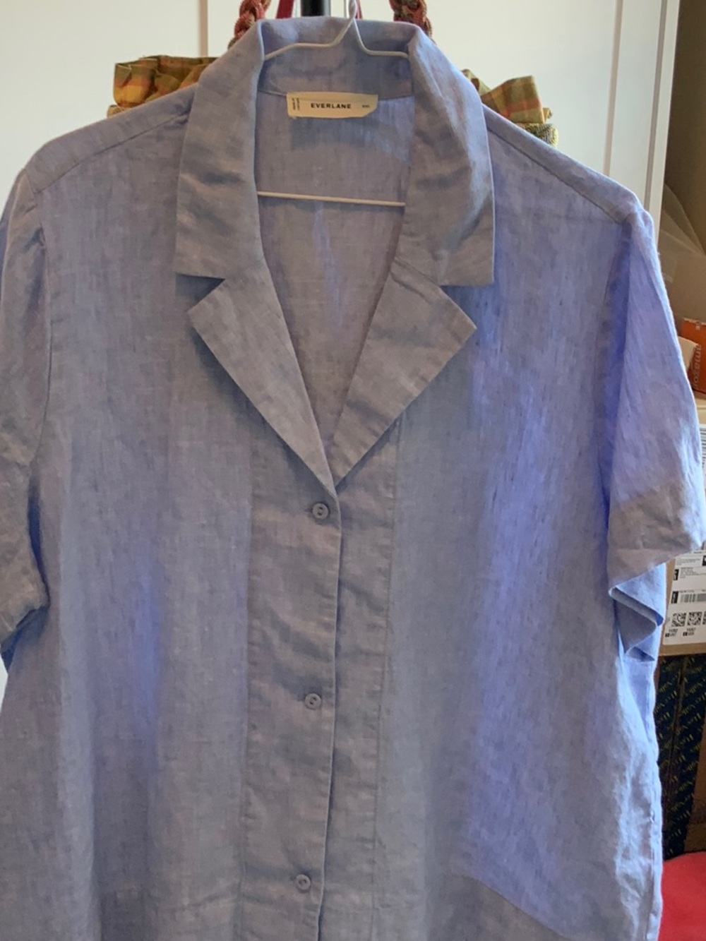 Everlane | Denim Blue Linen Short Sleeve 3 Button Blouse | XXL